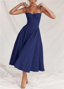 Detailed corset bodice and pleated A-line skirt of this navy blue French vintage midi dress