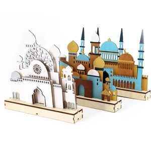 Wooden LED Moon Light with 3D Mosque design for Muslim holiday and bedroom decor