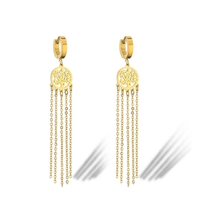 Golden Tree of Life chain tassel earrings with hollow design on a white background