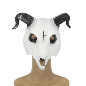 Realistic white goat skull mask with black spiral horns and cross symbol for Halloween cosplay