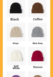 Grid display of ribbed knit beanies in black, coffee, khaki, blue gray and red colors