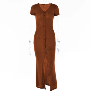 Detailed close-up of dark brown V-neck maxi dress with front buttons and slim fit