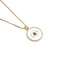 Detail of gold-plated evil eye pendant necklace with sparkling micro-inlaid crystals