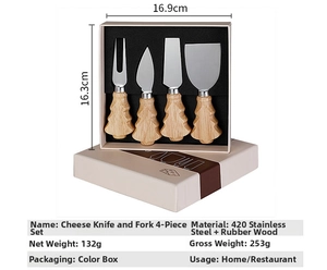 Close-up of a 4-piece stainless steel cheese knife set with Christmas tree wooden handles