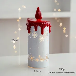 Detail view of 20cm LED Christmas candle lamp featuring gold snowflakes and red drip wax