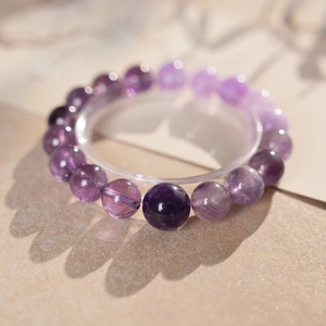 Makro-Detail des lila Amethyst-Perlenarmbands mit glänzend polierten runden Edelsteinen