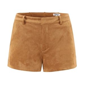 Flat lay of camel faux suede high-waisted shorts with neat side stitching detail