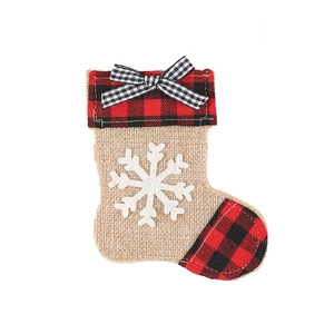 Rustic plaid Christmas stocking cutlery holder with snowflake and bow decorations