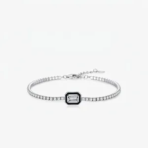 925 Sterling Silver Tennis Bracelet For Women Emerald Cut Zirconia Rectangle Black Enamel Elegant Minimalist Jewelry