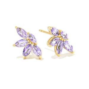 Elegant gold S925 silver stud earrings with purple marquise-cut zircon in leaf shape