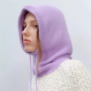 Warm Winter Knit Balaclava Hat Rabbit Hair Blend Solid Color Drawstring Hood Scarf Windproof Outdoor Fashion Headwear
