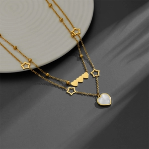 Double-layered 18k gold plated titanium steel necklace with star and shell heart pendants