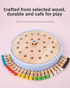 Close-up of wooden memory chess set with colorful pegs and round board on pink background