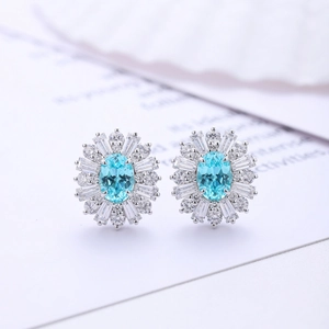 Orecchini a lobo in argento 925 con zircone blu Paraiba ovale e halo di diamanti