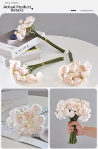 Detailed close-up of pink and cream faux ranunculus bouquet for wedding home decor