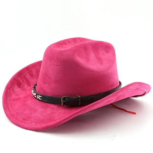 Close-up of pink suede cowboy hat featuring a black leather band and metal buckle detail