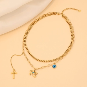 Double-layered gold stainless steel necklace with Ankh cross and Evil Eye pendants