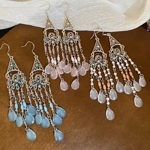 Bohemian Long Tassel Earrings With Silver Earring Post Hollow Triangle Teardrop Beads Alloy Rhinestone Vintage Style Women