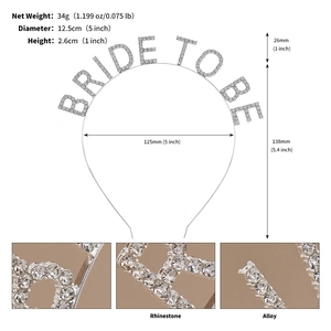 Spécifications de taille du serre-tête Bride To Be en strass avec détails de poids 34g