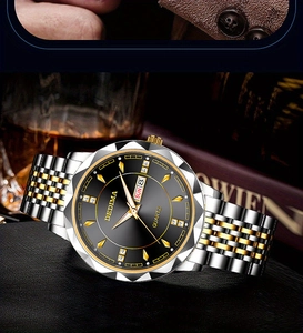 Detailed macro view of DEDIMA men's black dial watch with diamond markers and day-date window