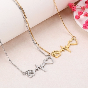 Titanium steel heart and pet paw pendant necklace in gold and silver finish