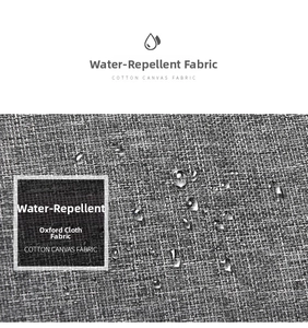 Close-up of water-repellent grey oxford fabric showing clear water droplets on surface