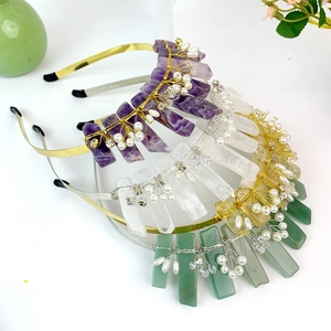 Natural Raw Crystal Crown Headband Handmade Artificial Pearl Rhinestone Tiara For Wedding Party Birthday Bohemian Style Women Accessory