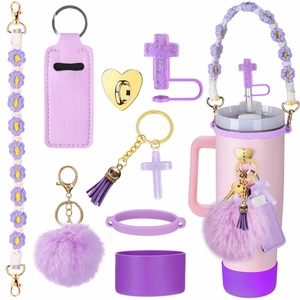 Tumbler Accessory Set Silicone Boot Straw Cover Woven Handle Strap Cross Keychain Faux Fur Pom For Cup Decoration