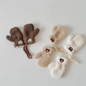 Winter kids fleece gloves set featuring cute bear embroidery and anti-lost string hanging