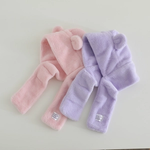 Plush bear ear hooded scarf for kids aged 2-7 in pink and purple colors