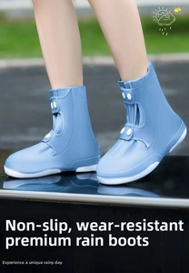 Detail of light blue waterproof silicone shoe cover with secure side buckle and non-slip sole