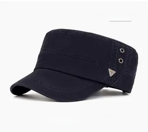 Detailed close-up of navy blue cotton cadet cap with metal eyelets and decorative side logo