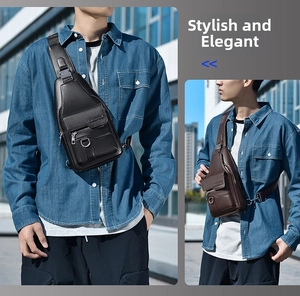 Close-up of leather chest bag showing waterproof texture, metal D-buckle and magnetic flap