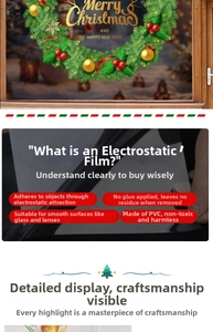 Détail du sticker statique couronne de Noël en PVC montrant l'adhérence sans colle