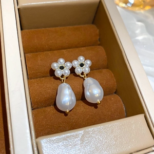 Artificial Baroque Pearl Flower Dangle Earrings Alloy Rhinestone With Silver Earring Post Vintage Elegant French Style For Women