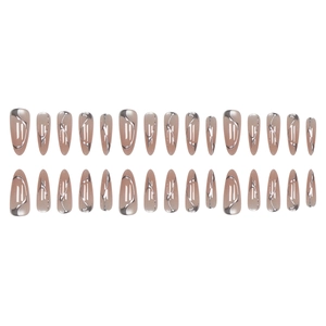 French cat-eye press-on nails with nude pink base and 3D silver liquid metal stripes