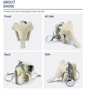 Detailed views of handmade beige leather elephant keychain with metal lobster clasp