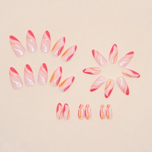 Almond shaped press-on nails with pink and orange wave patterns on a beige background