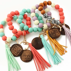 Handmade leopard wood bead bracelet keychain with leather tassel and MAMA charm