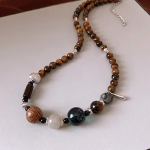 Ethnic tiger eye stone and wooden bead pendant necklace with luxury minimalist design