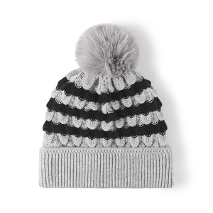 Winter fleece-lined beanie with gray pom-pom and striped honeycomb knit pattern