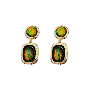 Elegant geometric drop earrings featuring green resin stones and gold-tone alloy settings