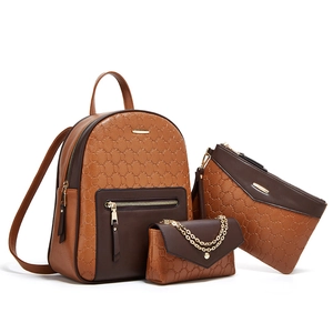 Three-piece women's fashion backpack set in brown patterned PU leather with metal details