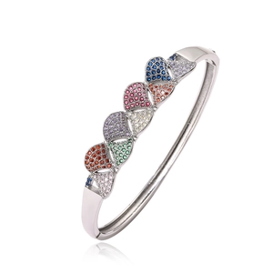 Chic silver plated bangle featuring a mix of colorful zircon stones on white background