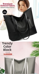 Detailed split view of solid color oxford tote bag showing black and contrast color styles