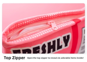 Detail of a pink plush pouch zipper with 'FRESHLY' text and 6 mini plush ball inserts