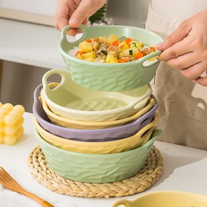 Ceramic air fryer baking bowls with double handles in pastel colors for home kitchen use