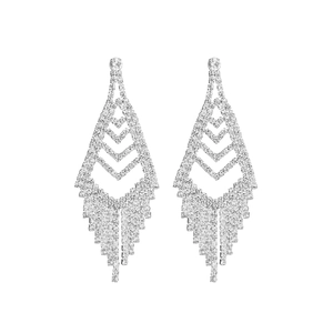 Elegant silver tassel earrings with geometric diamond shapes and sparkling rhinestones