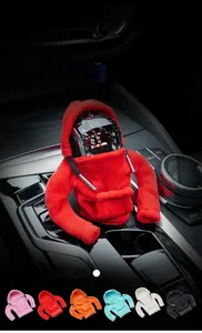 Macro detail of red car gear shifter hoodie cover in plush fabric with drawstring