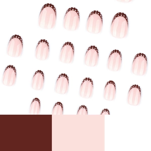 Short round French false nails in brown with white polka dots and nude base color